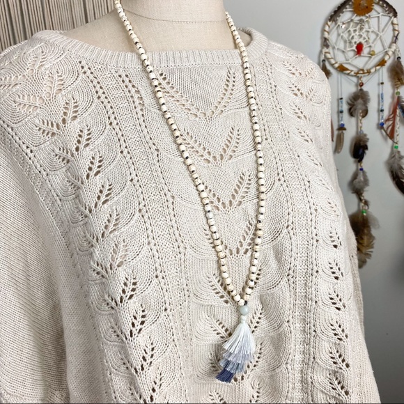 Cocobelle Anthropologie NWT Senza Marbled Bead Long Tassel Necklace Gray - Picture 8 of 8